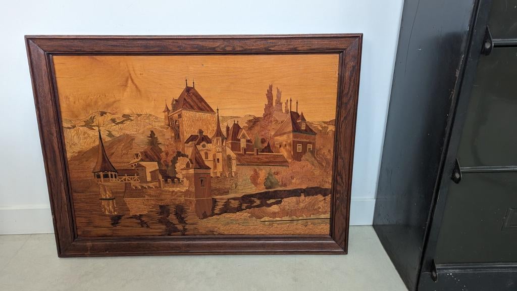 Marqueterie schilderij met kasteel en waterlandschap, Antiek en Kunst, Ophalen of Verzenden