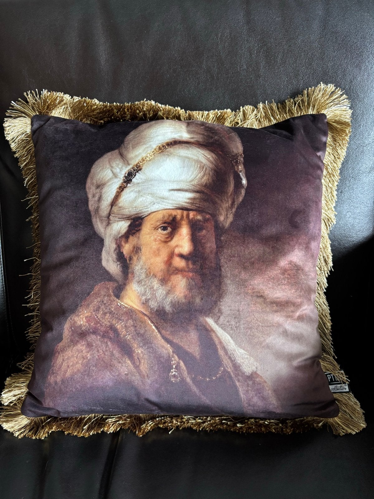 Sierkussen met Rembrandt print en gouden franjes, Overige merken, Meerkleurig, Met print, Vierkant