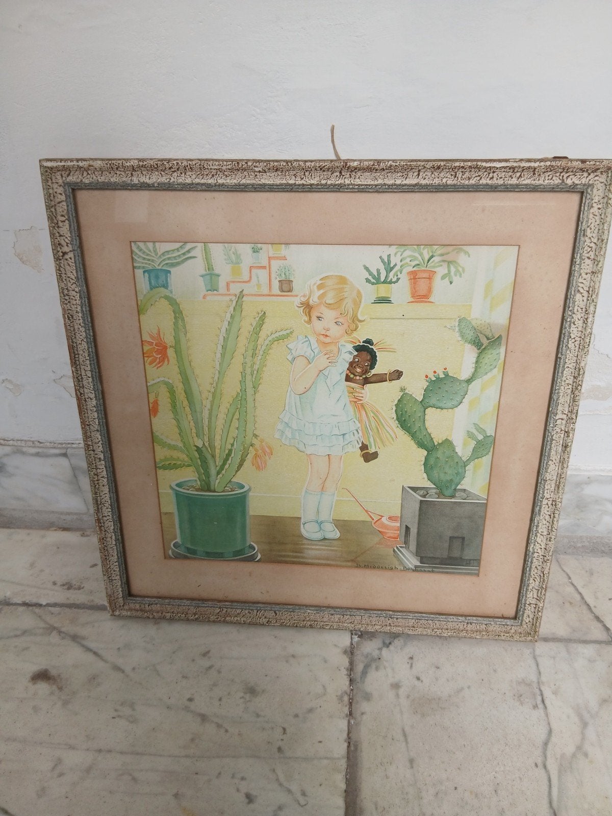 Kleurenlitho schoolplaat  " Cactus girl" ca. 1930 ., Achter glas, Portret of Personen, Realistisch, Overige technieken