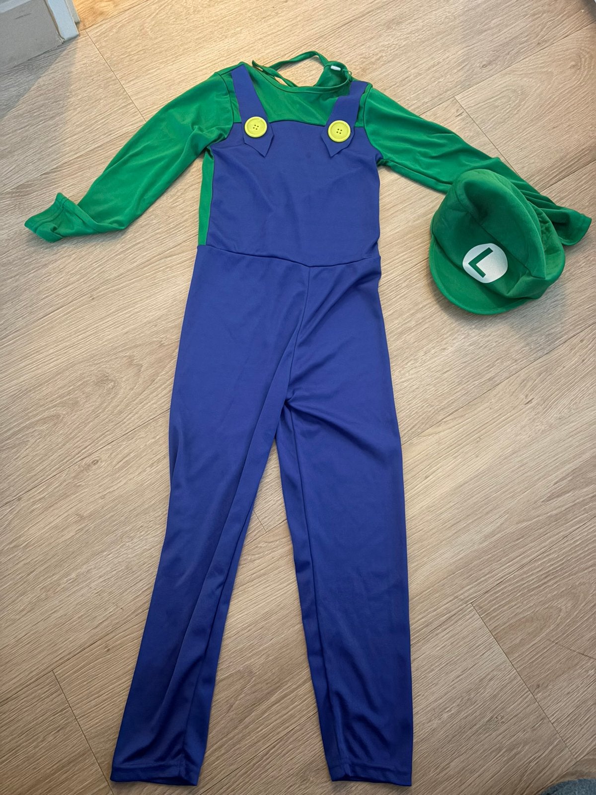Verkleedpak luigi maat 122-138 cm, Ophalen of Verzenden, Zo goed als nieuw, 122 t/m 128, Jongen of Meisje