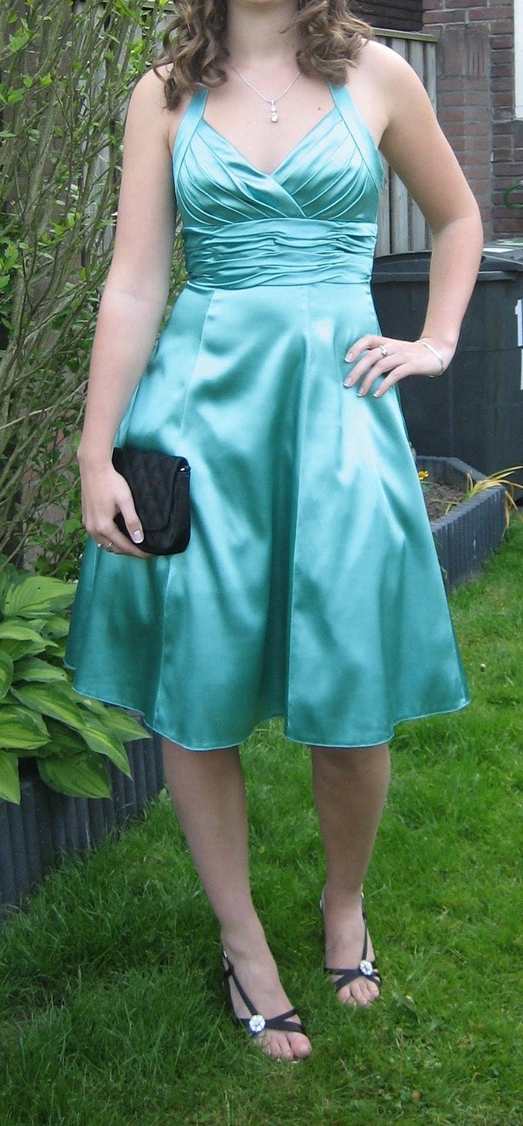 Prachtige zeegroene cocktailjurk met veterrug en stola, Cocktailjurk, Ophalen of Verzenden, Zo goed als nieuw, Maat 36 (S)