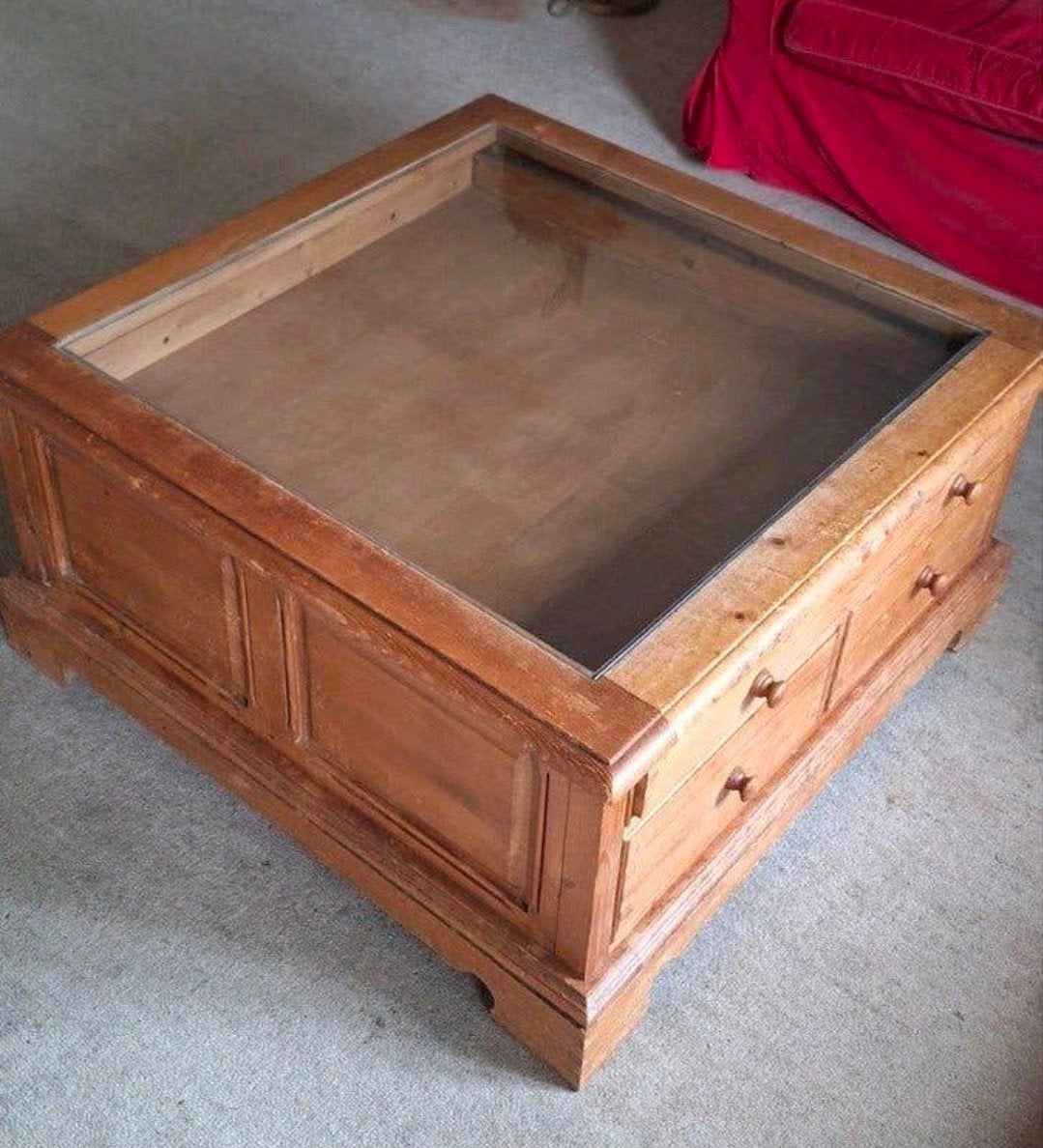 Grenen salontafel 100x100 cm met glasplaat en lades, Ophalen, Gebruikt, 100 tot 150 cm, Vierkant