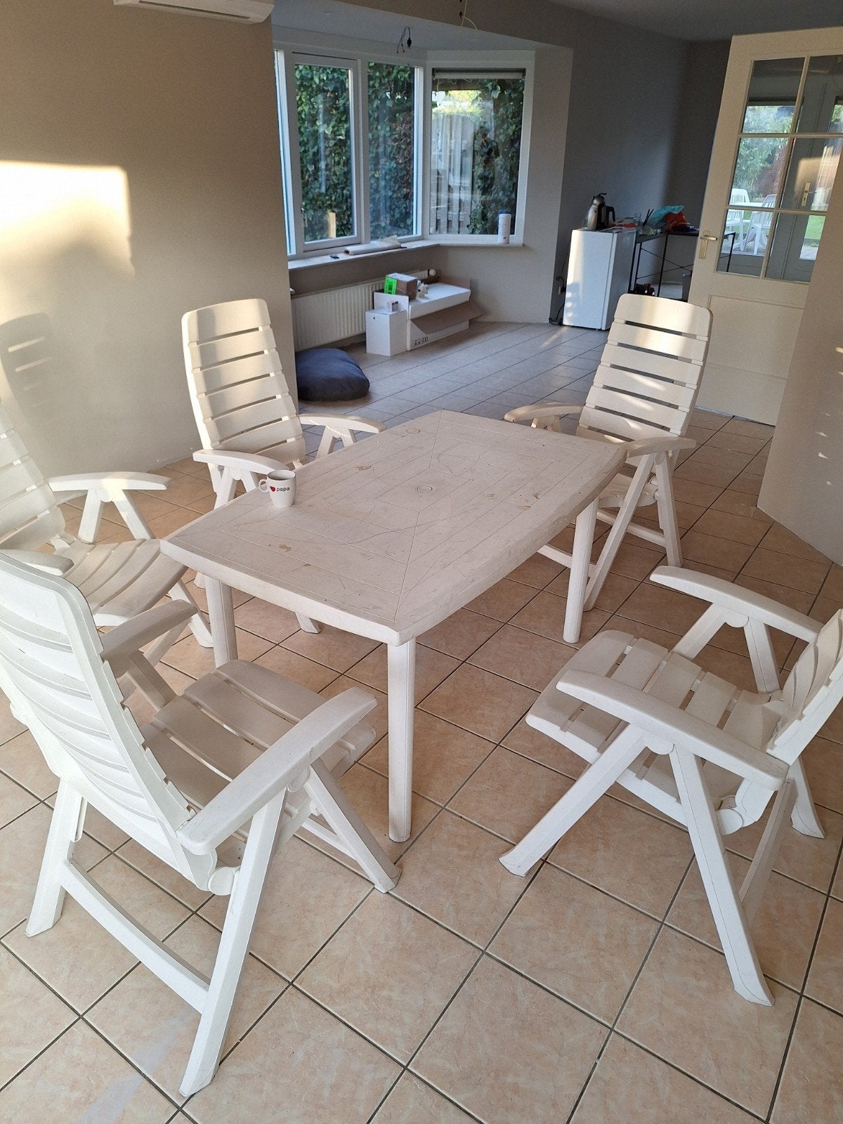 Witte kunststof Hartman tuinset met 5 stoelen en tafel, Ophalen, Gebruikt, Rechthoekig, Kunststof