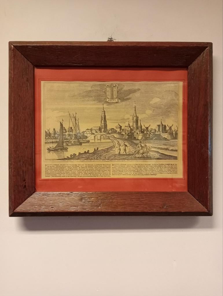 Antieke Gravure Delft Stadsgezicht 17e Eeuw Ingelijst, Antiek en Kunst, Stadsgezicht, Ingelijst, Gravure, 1600 - 1699