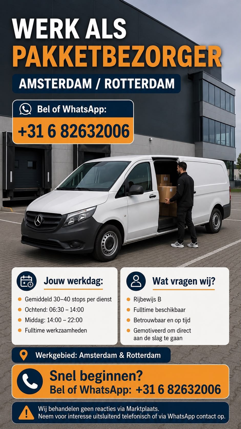 Pakketbezorger GEZOCHT Amsterdam / Rotterdam, 33 - 40 uur, Overige niveaus, Starter, Overige vormen