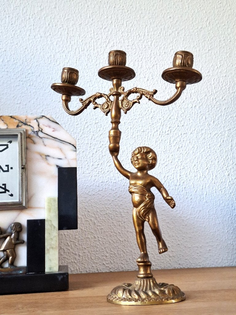 vintage driearmige kandelaar(staand engeltje (putto) massief, Antiek en Kunst, Ophalen of Verzenden, Koper of Brons