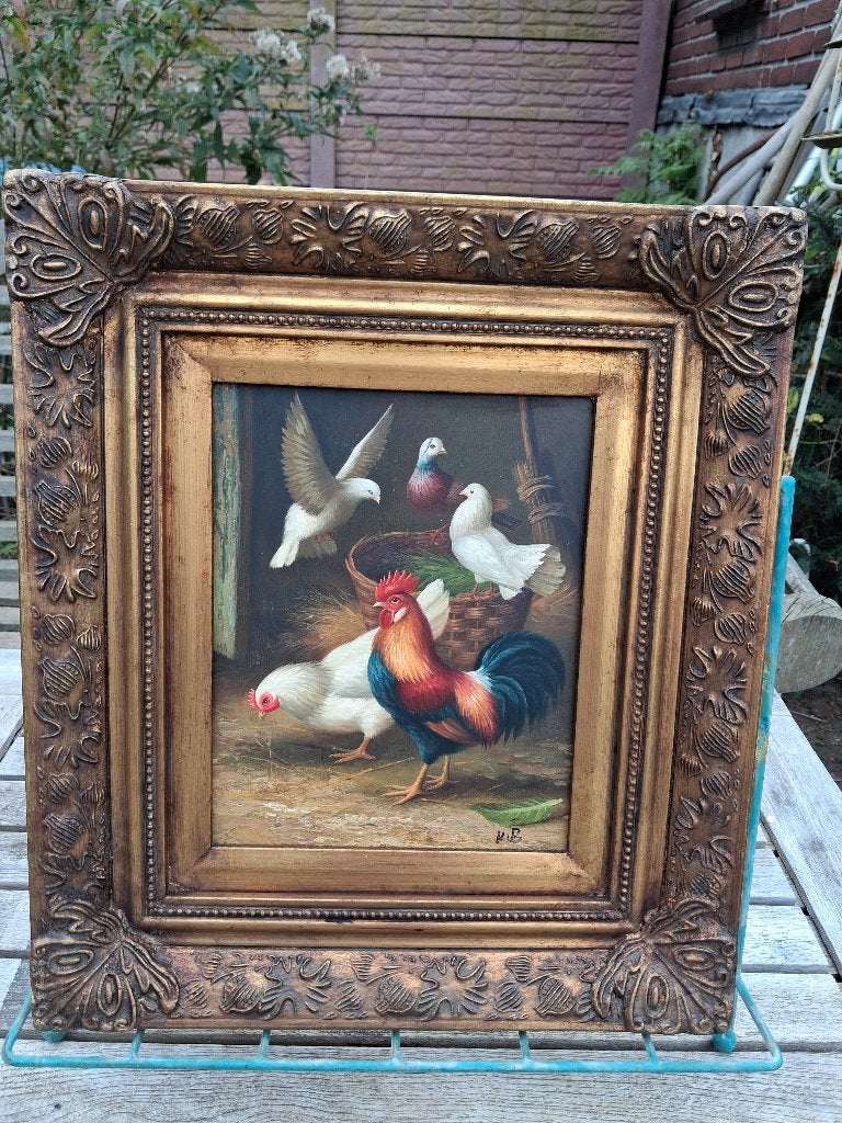 Olieverfschilderij 'Gevederde Vrienden' in Sierlijst, Paneel, Realistisch, Dieren, Ophalen of Verzenden