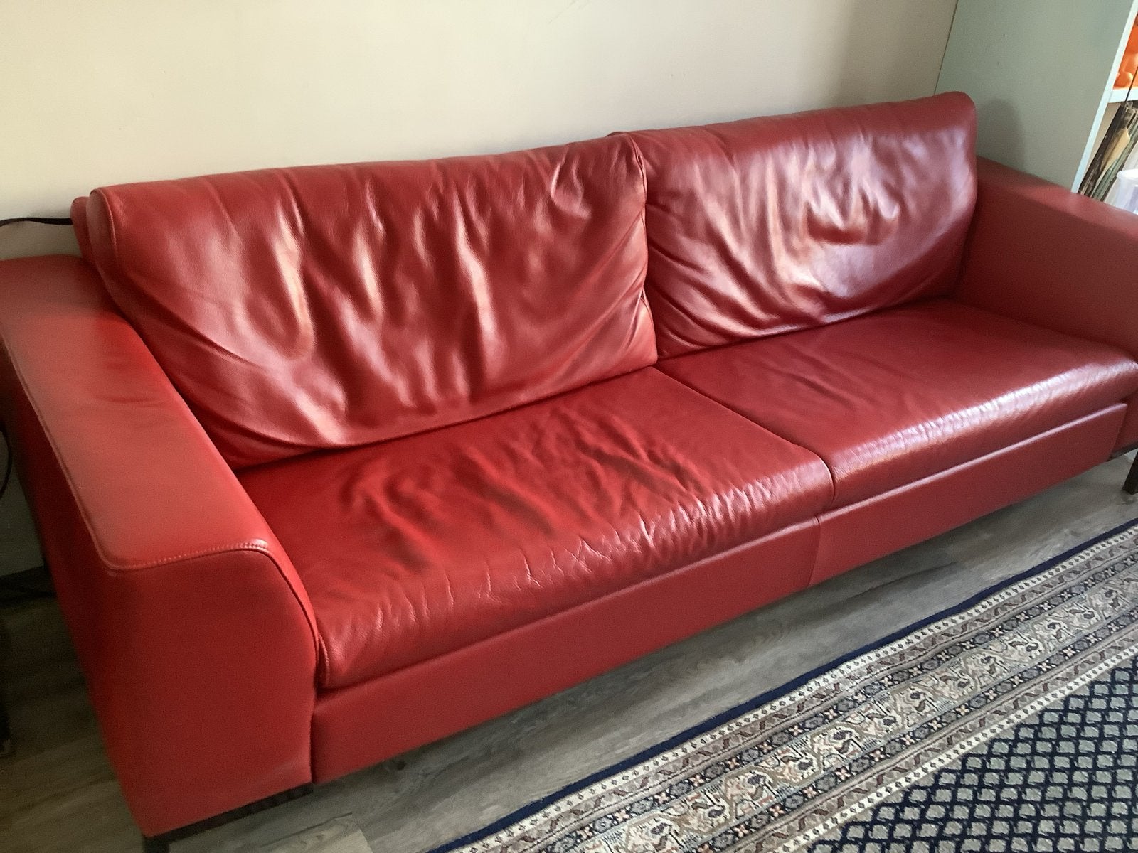 Montel Leren Bank - Hoogwaardig Rood Leer, Ophalen, Gebruikt, Driepersoons, 200 tot 250 cm