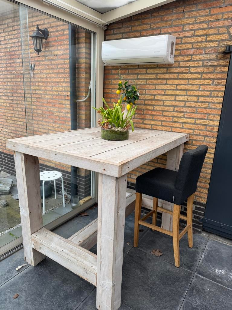 Steigerhouten Bartafel incl 4 barstoelen met kussen, Ophalen of Verzenden, Zo goed als nieuw, Rechthoekig, Hout