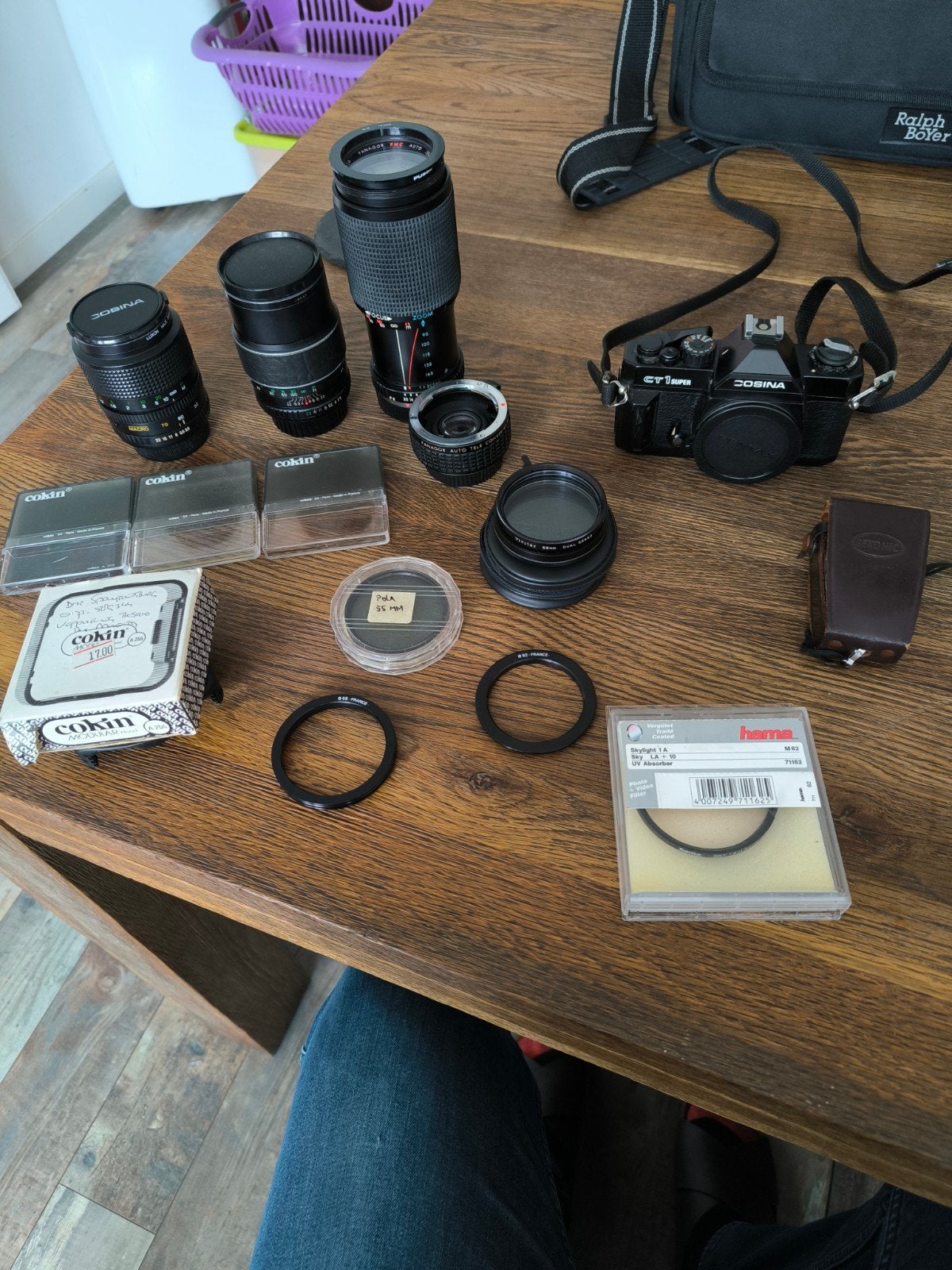 Vintage Cosina camera met lenzen en filters, Ophalen of Verzenden, Gebruikt, 50 tot 60 mm, Overige typen