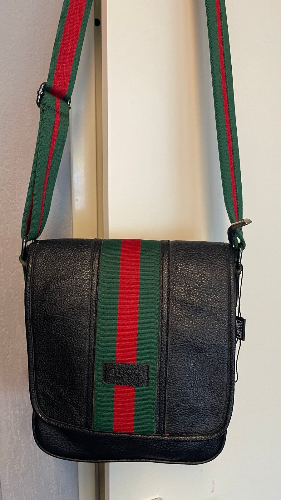 Originele Gucci Heren Tas - Zwart Leer met Webdetail, Overige merken, Zwart, Ophalen of Verzenden, Zo goed als nieuw
