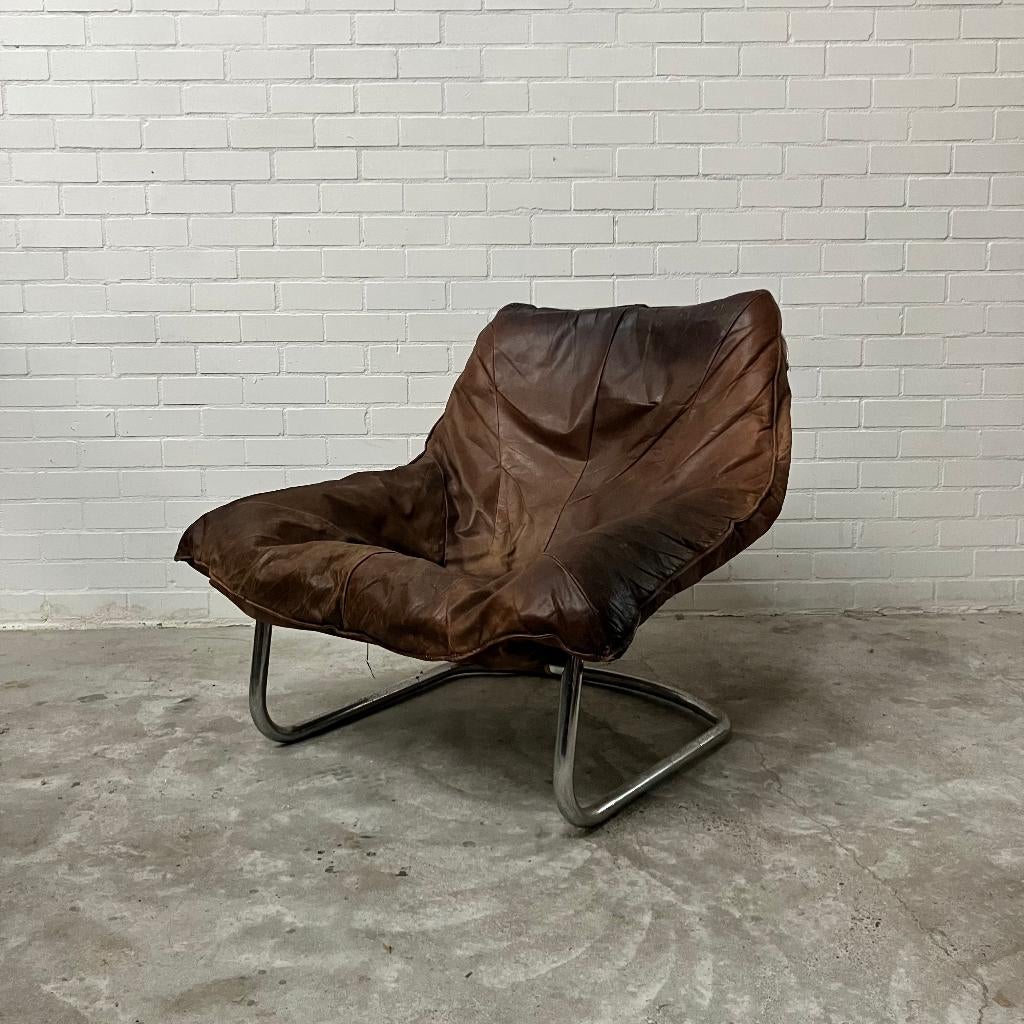 Vintage leren design relax fauteuil buisframe stoel, Ophalen, Gebruikt, 75 tot 100 cm