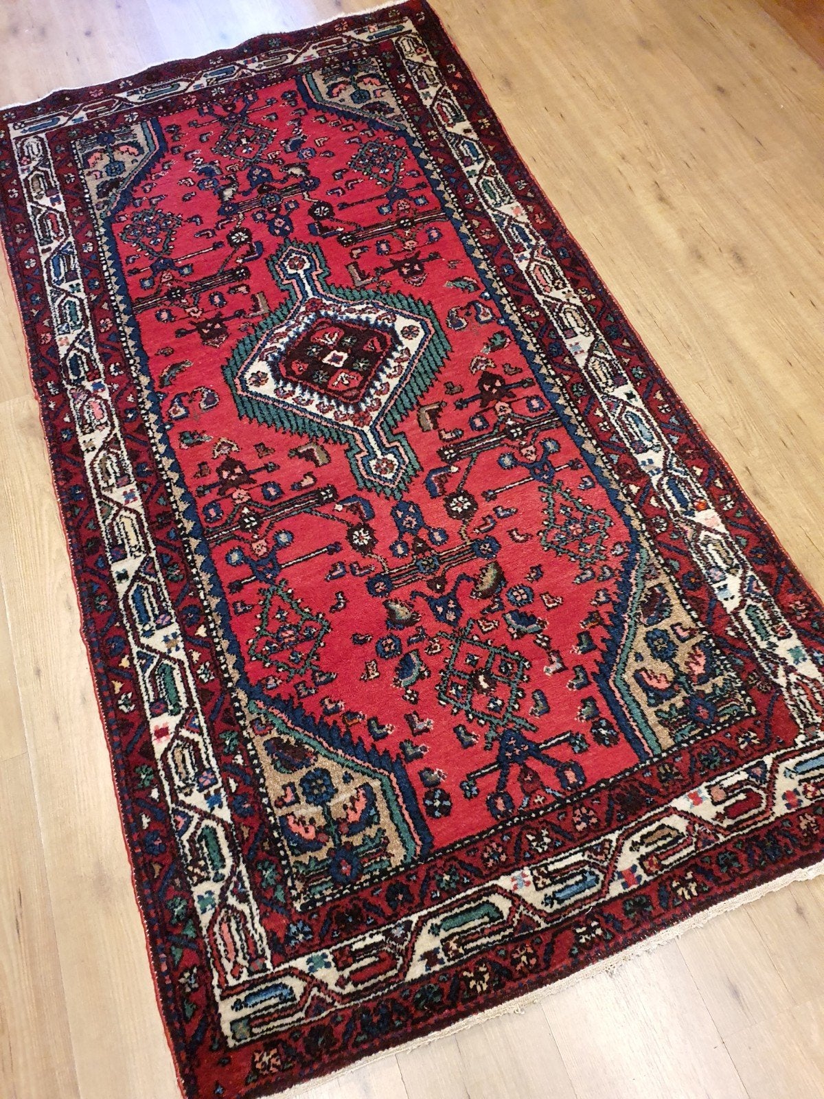 Vintage handgeknoopt perzisch tapijt hamadan 216x112, Info@SlatsAntiek.nl, Tweedehands, 100 tot 150 cm, Perzisch