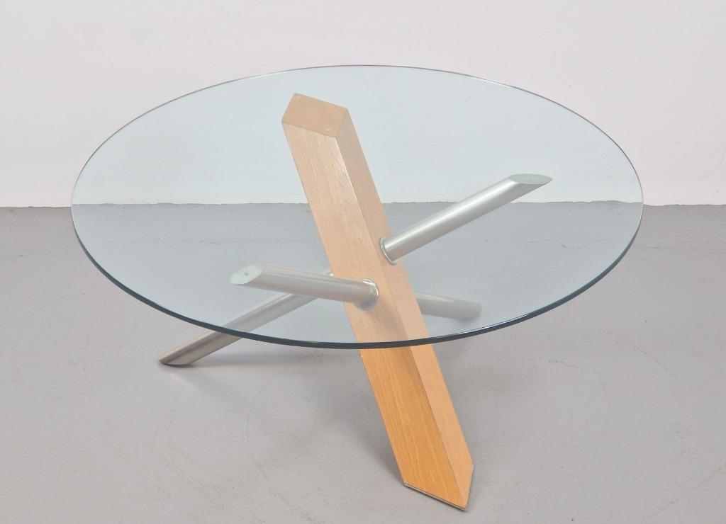 Vintage moderne salontafel hout glas design rond ’90 Italië, Huis en Inrichting, Ophalen, Gebruikt, 50 tot 100 cm, Rond