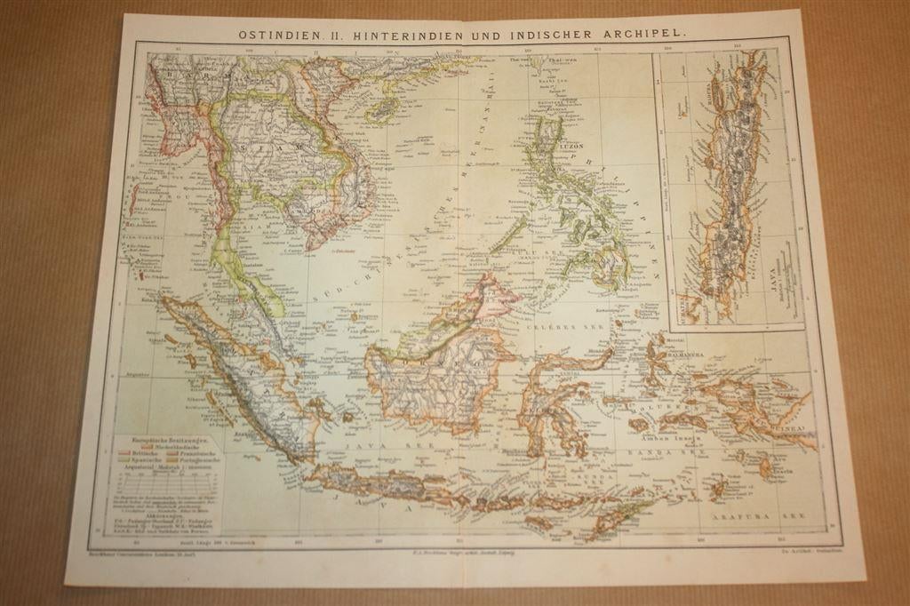 Antieke kaart - Indonesië en omliggende landen - Ca 1885 !!, Boeken, Atlassen en Landkaarten, Gelezen, Ophalen of Verzenden, Landkaart