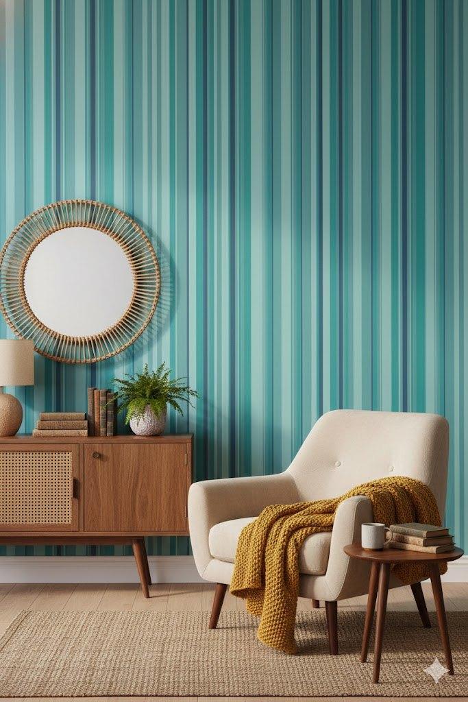 6903 Aqua gestreept behang in blauw turquise en aqua, swiet, Ophalen of Verzenden, 75 m² of meer, Blauw