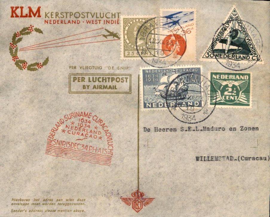 KLM - Kerstvlucht - Snip - Curacao - 1934, Verzenden, Envelop