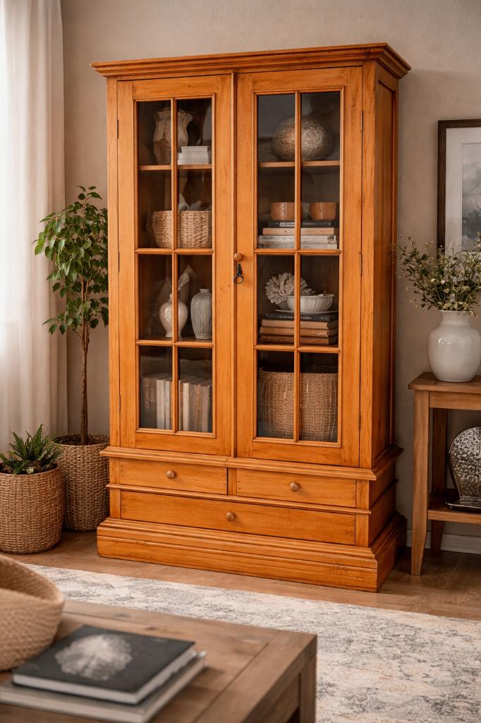 Mahonie houten vitrinekast, Huis en Inrichting, Kasten | Vitrinekasten, Zo goed als nieuw, 150 tot 200 cm, 50 tot 100 cm, 25 tot 50 cm