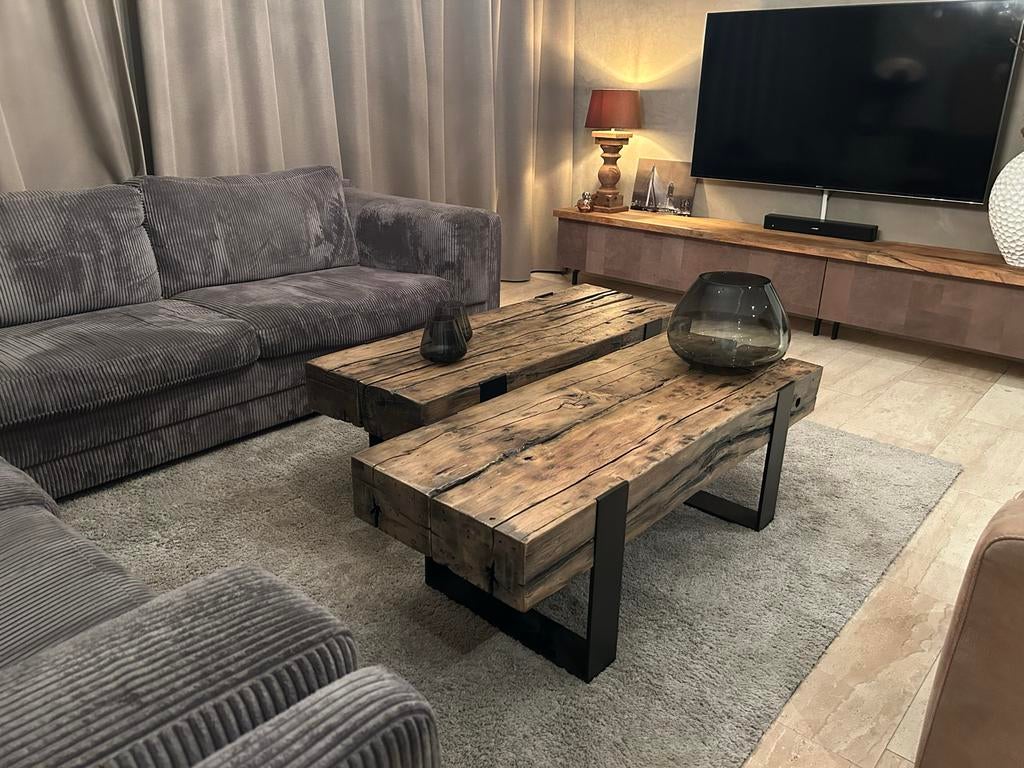 Oude Eiken Bielzen Salontafel Set - Uniek Design!, Huis en Inrichting, Tafels | Salontafels, Ophalen, 100 tot 150 cm, Eikenhout