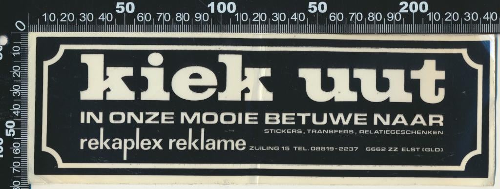 Sticker: Rekaplex Reklame  Kiek Uut in onze mooie Betuwenaar, Ophalen of Verzenden, Zo goed als nieuw, Bedrijf of Vereniging