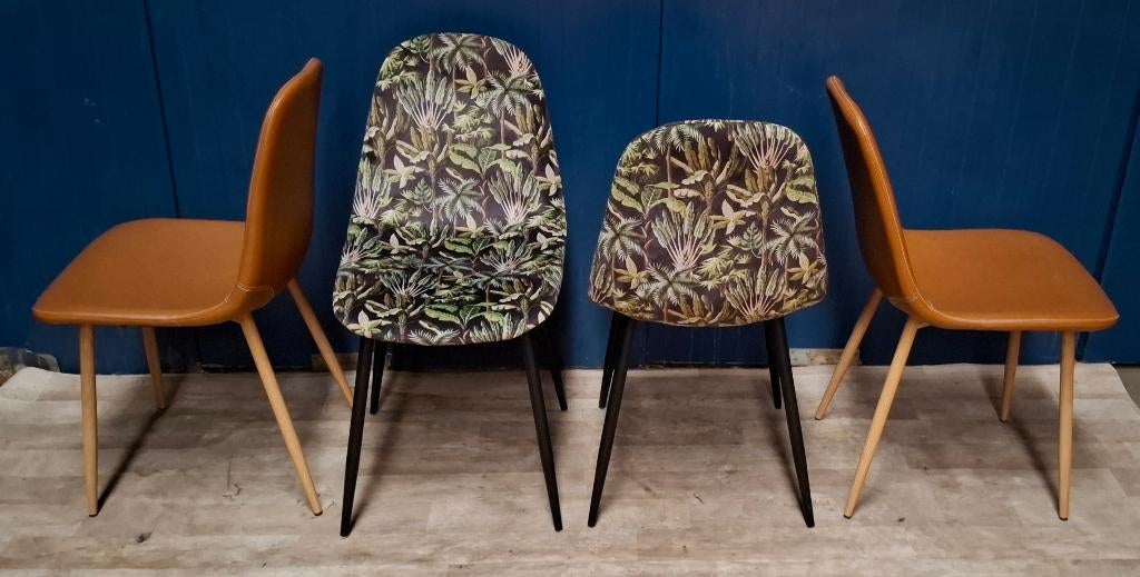 4 stoelen (Jysk Jonstrup / Khadija), Huis en Inrichting, Stoelen, Gebruikt, Vier, Hout, Leer, Stof, Bruin, Ophalen