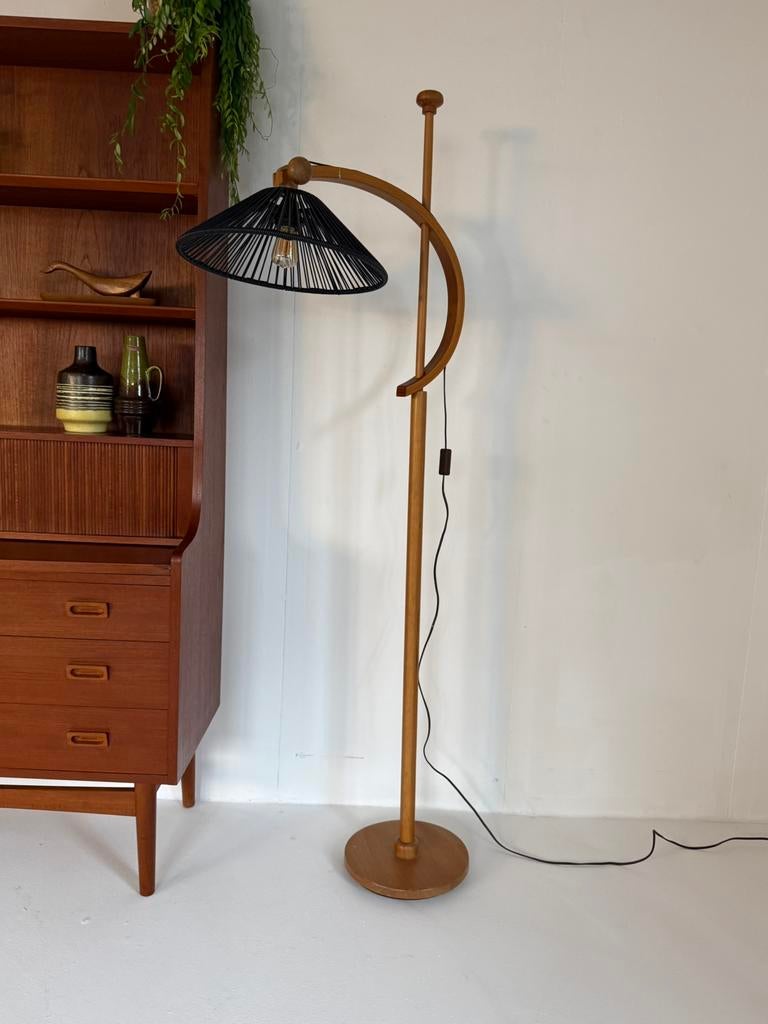 Vintage Deense hengellamp ‘60, Hout, Vintage retro buisframe design rotan webbing papercord deens, Ophalen of Verzenden, Zo goed als nieuw