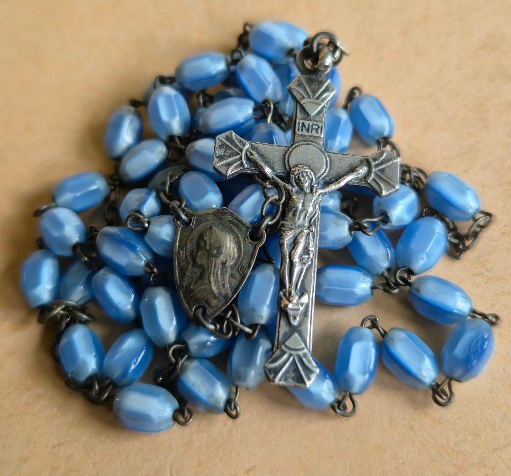 79-77 prachtige blauwe glas rozenkrans, Ophalen of Verzenden, Zo goed als nieuw, Kaart of Prent