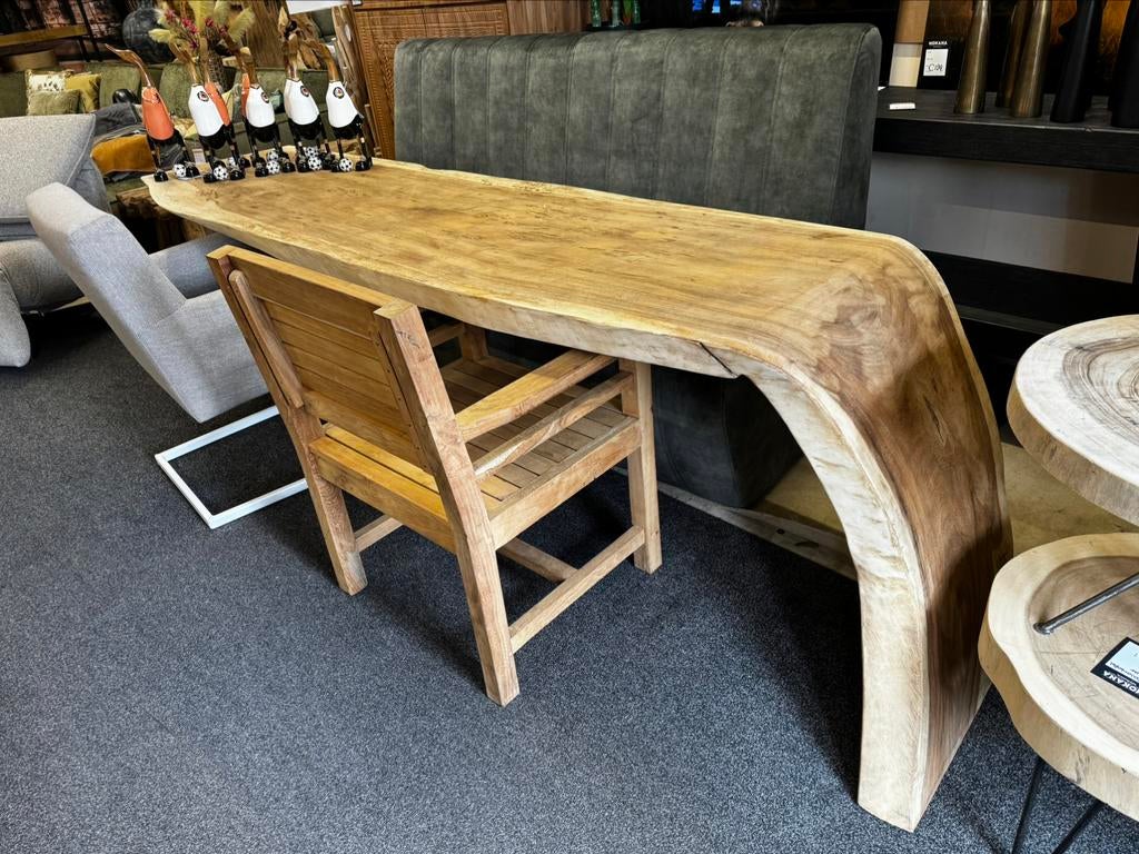 Boomstam eettafel massief suarhout met doorlopende poot, Ophalen of Verzenden, Vijf personen of meer, Rechthoekig, Nieuw