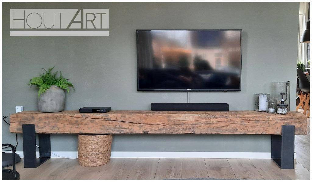 TV-meubel stalen strippoot oud eiken balk / balken, Nieuw, Ophalen of Verzenden, 200 cm of meer, Minder dan 100 cm