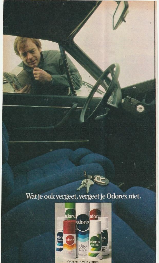 Retro reclame 1977 Odorex deodorant auto & man, Verzamelen, Retro, Overige typen, Verzenden