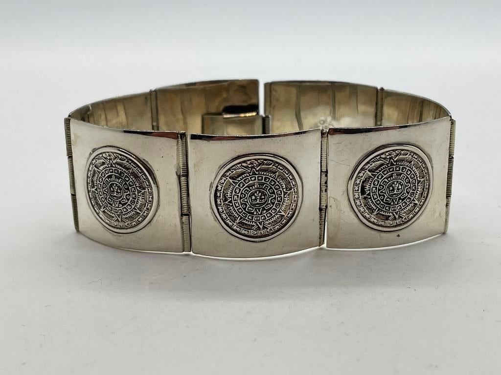 C247 Prachtige zilveren armband Azteekse kalender, Overige materialen, Ophalen of Verzenden, X, Zilver