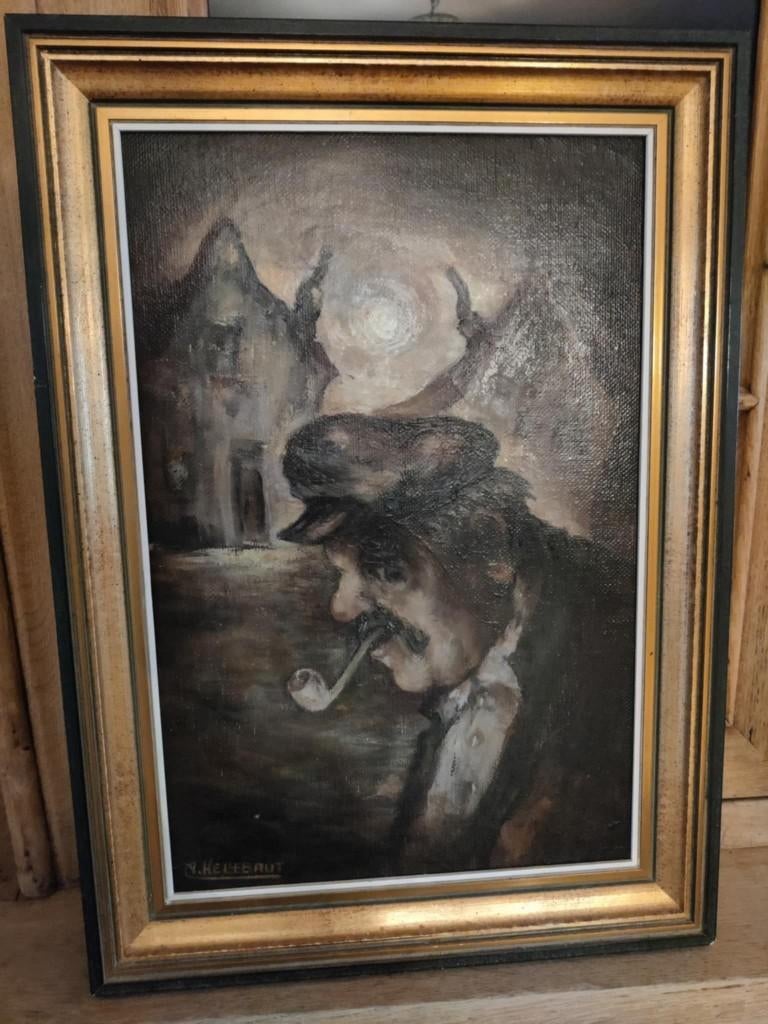 Schilderij van A. Hellebaut, karikatuur man in dorp nacht, Ophalen of Verzenden