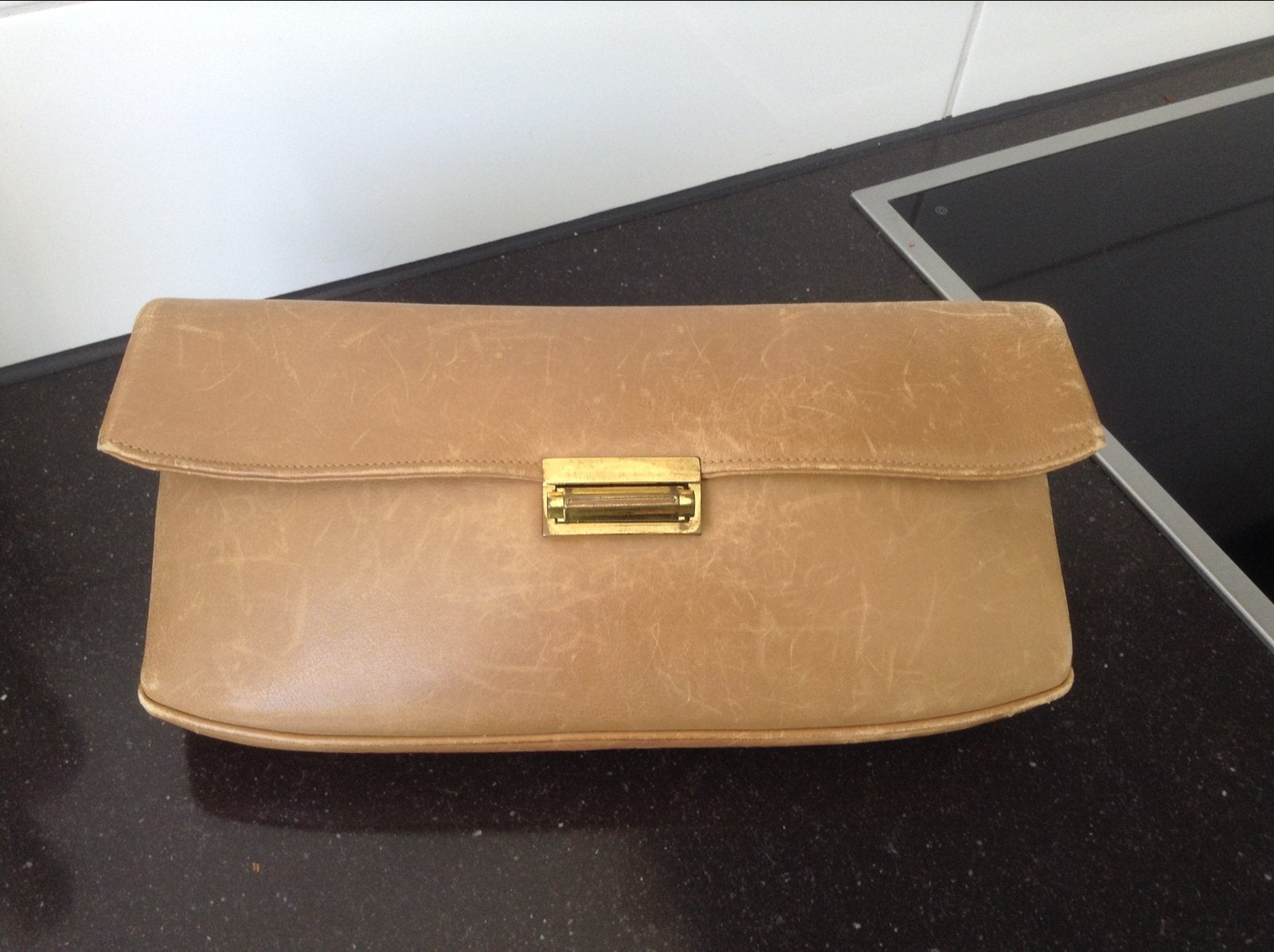 Vintage Beige leren Avondtasje met Gouden Sluiting, Ophalen, Gebruikt, Beige, Avondtasje