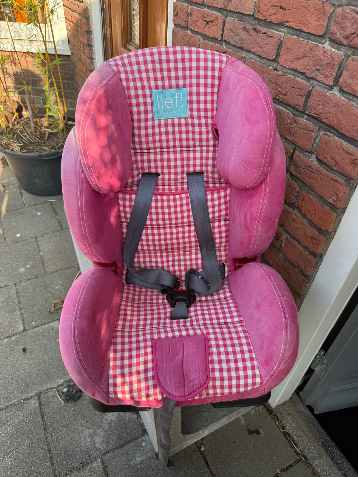 Lief! Kinderstoel roze geruit - 9 t/m 36 kg, Overige merken, 9 t/m 36 kg, Gebruikt, Autogordel