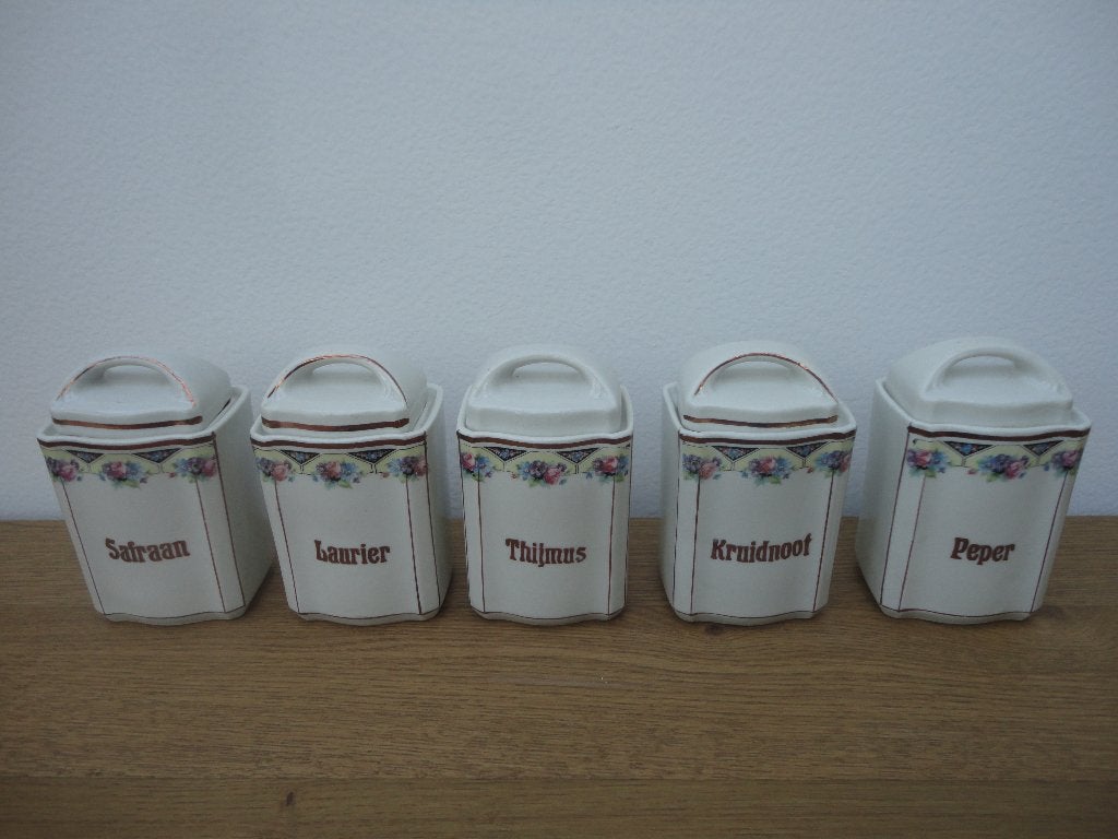 5 mooie brocante porseleinen voorraad potjes jaren 30, Antiek en Kunst, Ophalen of Verzenden