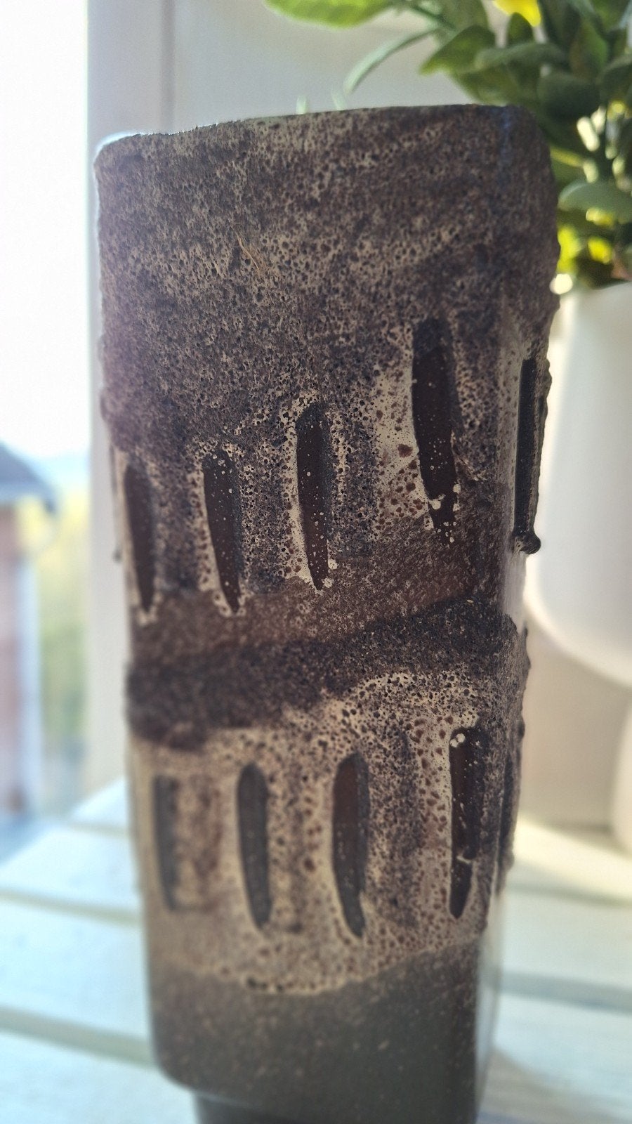 Vintage lava vaasje in bruintinten, blokmodel - H17, Ophalen of Verzenden
