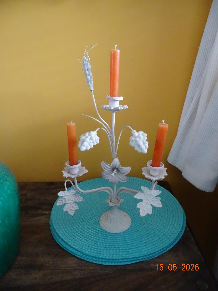 BROCANTE SHABBY CHIC FRANSE KANDELAAR MET BLOEM-DRUIVEN-, Antiek en Kunst, Ophalen of Verzenden