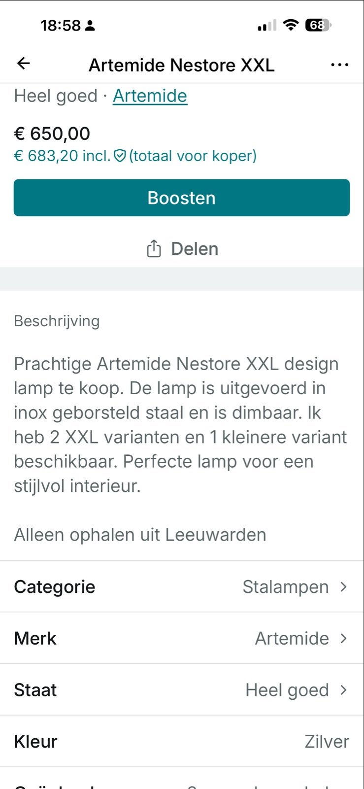 Artemide Nestore XXL Booglamp - Design Vloerlamp, Huis en Inrichting, Lampen | Vloerlampen, Ophalen, Zo goed als nieuw, Metaal
