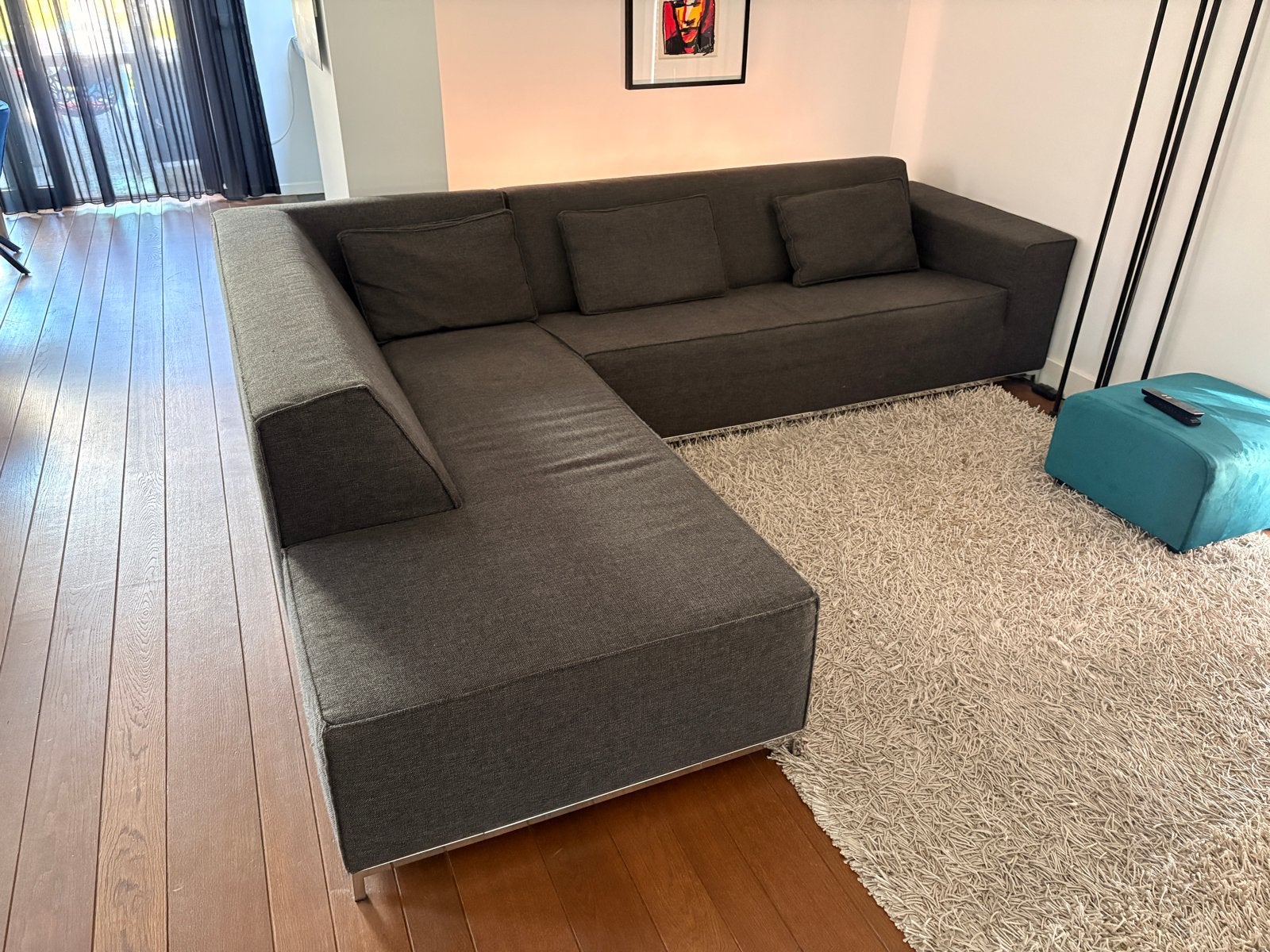 Topform Hoekbank - Donkergrijs Stof, Ophalen, 250 tot 300 cm, Gebruikt, Hoekbank