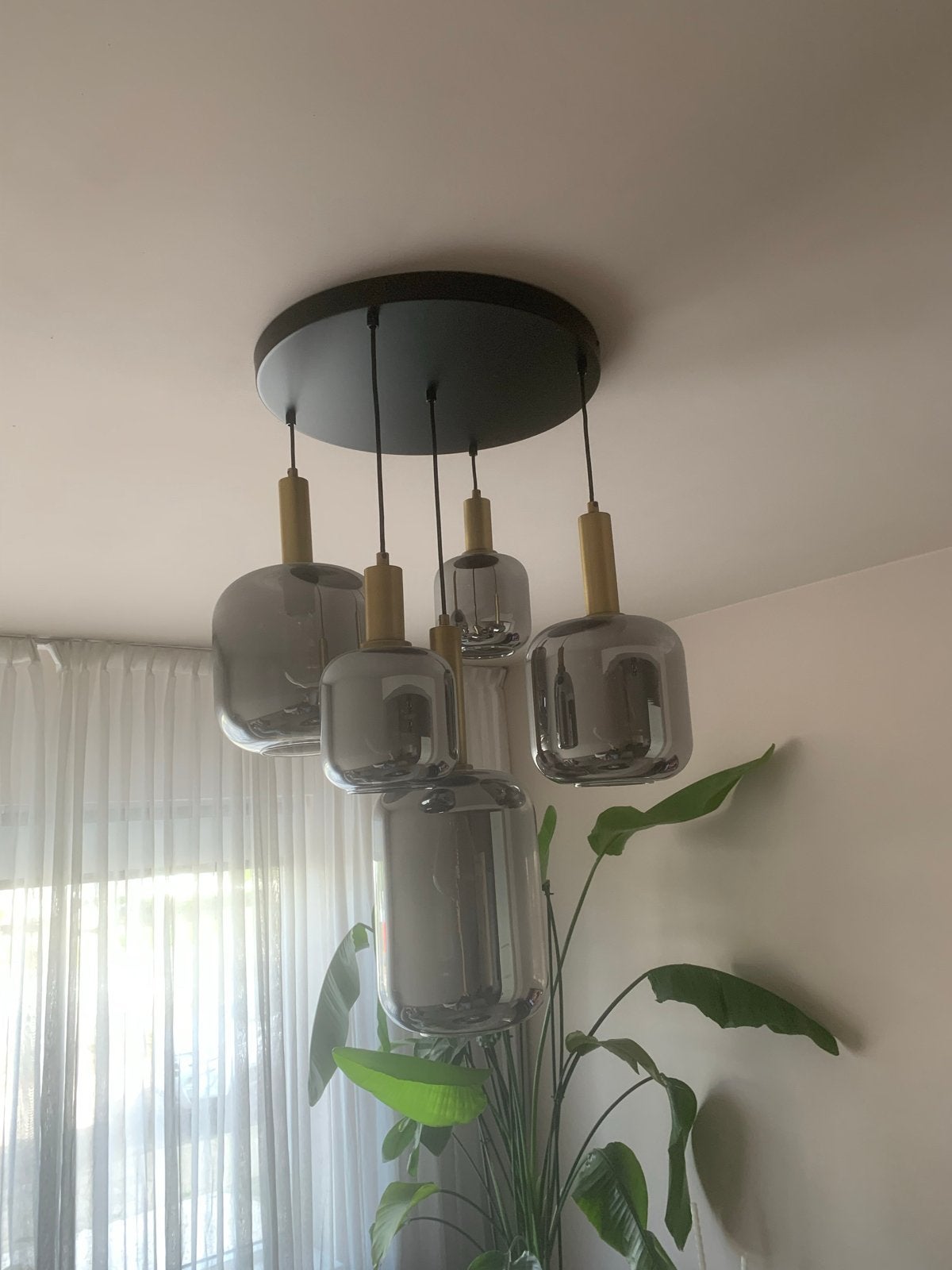 Gouden plafondlamp met smoke glas, 60 cm, Ophalen, Zo goed als nieuw, Glas, E27 (groot)