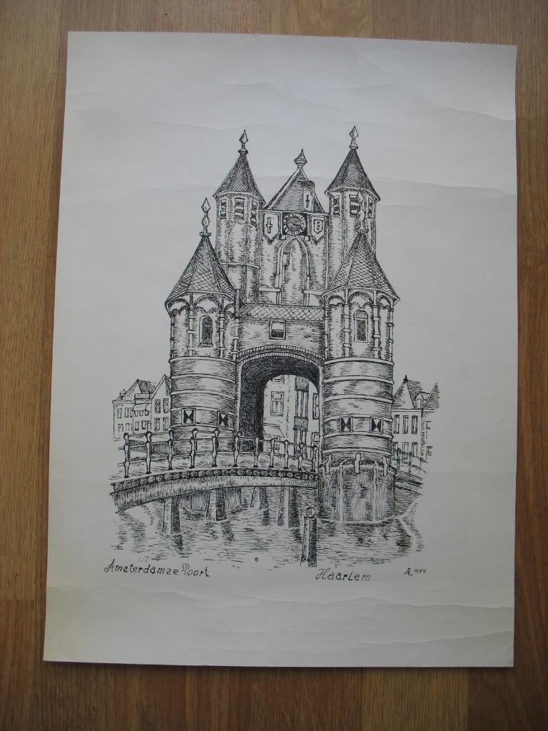 Tekening Grote Prent  Haarlem Amsterdamse Poort ( 1984 ), Ophalen of Verzenden