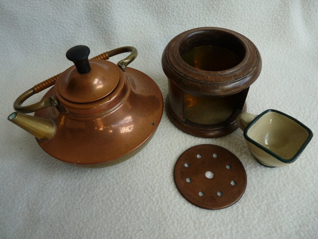 Antieke messing met roodkoper theepot met stoof, Antiek en Kunst, Ophalen of Verzenden, Koper