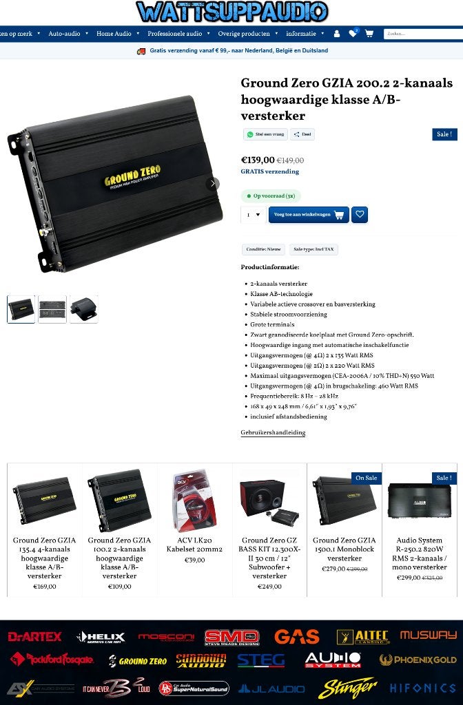 Ground Zero GZIA 200.2, 2 kanaals / mono versterker, Erlenweg 25, 85658 Egmating, Germany, Nieuw, https://www.ground-zero-audio.com/en/support-en/contact-page/