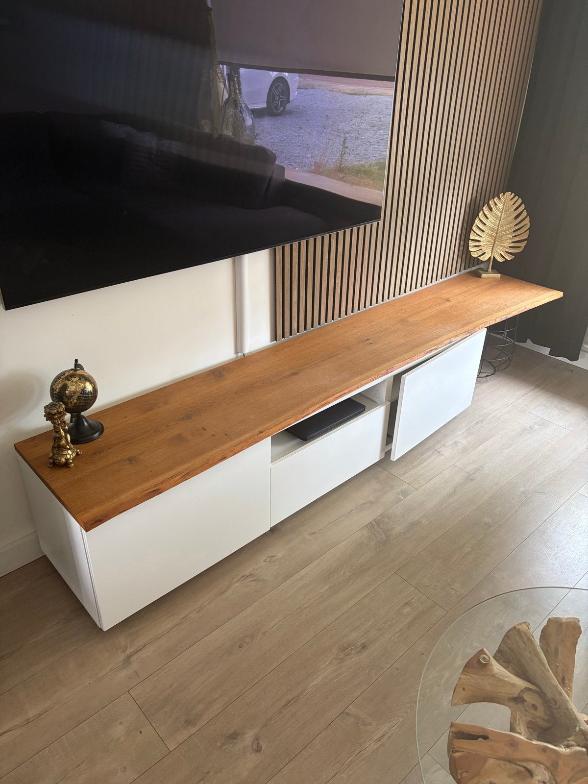 Modern TV-meubel met houten blad en opbergruimte, Ophalen, Gebruikt, 200 cm of meer, Minder dan 100 cm
