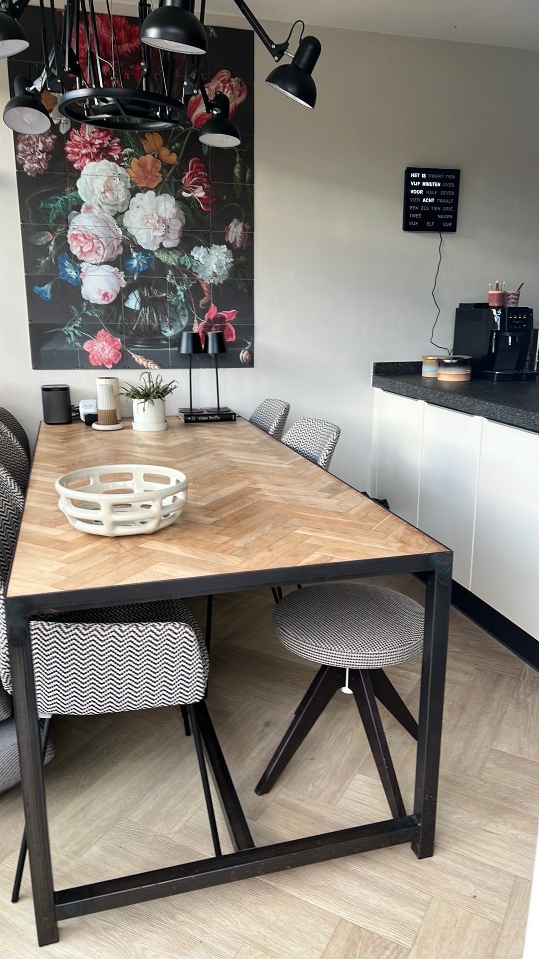 Visgraat tafel eiken op stalen onderstel 200x90x77, Huis en Inrichting, Ophalen, 100 tot 150 cm, Eikenhout, 200 cm of meer