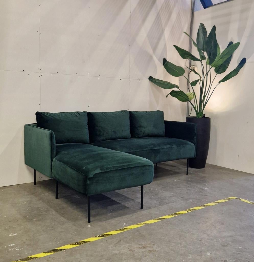 Luxe design- smaragdgroen fluweel Zo goed als nieuw 190x140, 125 tot 150 cm, 150 tot 200 cm, Hoekbank, Ophalen of Verzenden