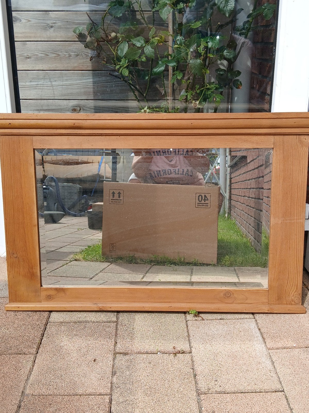 Antiek grenen houten spiegel met geslepen glas, Ophalen, Rechthoekig