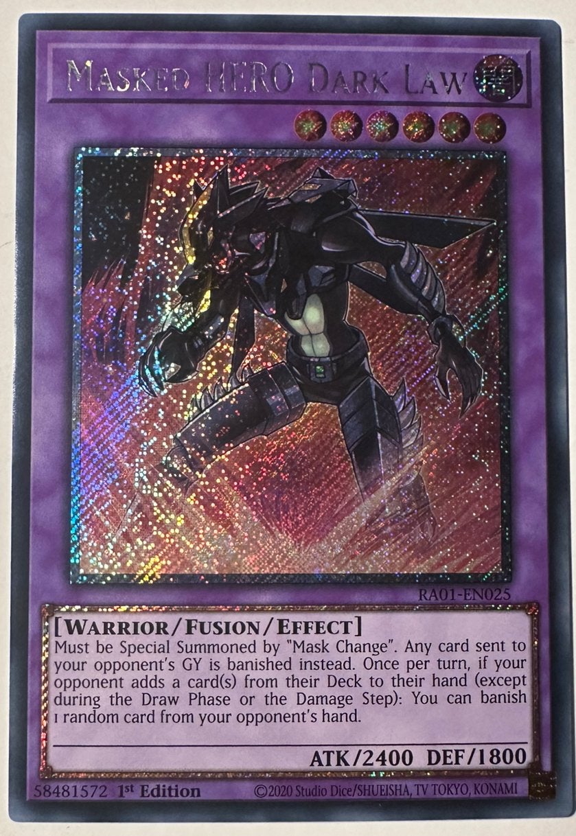 Yu-Gi-Oh! Masked HERO Dark Law RA01 1st Edition !, Ophalen of Verzenden, Zo goed als nieuw, Losse kaart, Foil