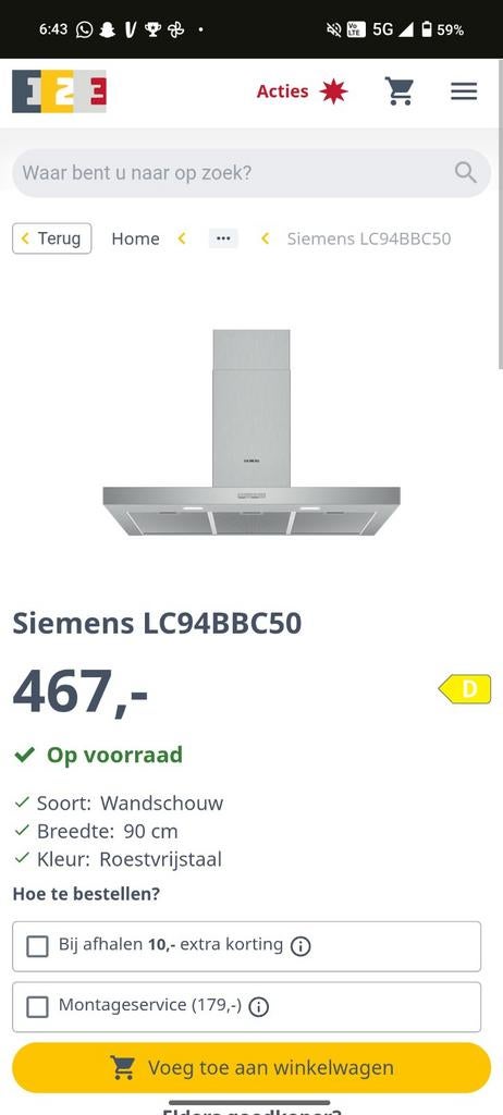 SIEMENS LC94BBC50 Nieuw (lichte schade zie foto), Witgoed en Apparatuur, Ophalen, Wandschouwkap, Nieuw, Inbouw