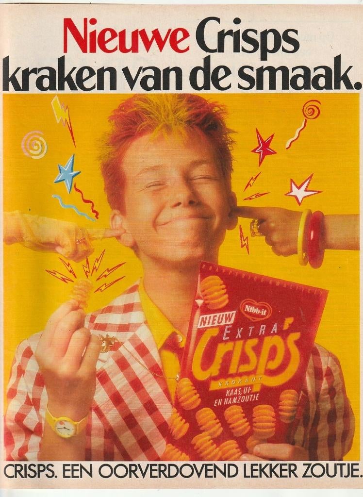 retro reclame 1986 Nibb-it chips jongetje & lekker zoutje, Verzenden, Overige typen
